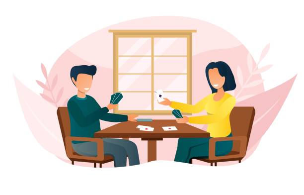 Smiling couple sitting at table and playing card Smiling couple sitting at table and playing card board or tabletop games Home leisure activity for family members. Flat cartoon vector illustration concept banner isolated on white background family playing card game stock illustrations