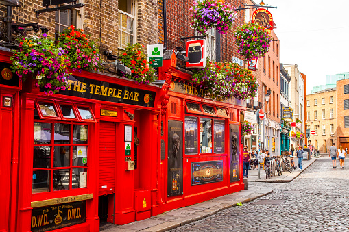 Dublin, Ireland - June 16, 2020: Famous Irish Temple Bar in Dublin old town, popular tourists attraction