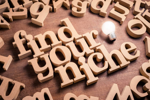 FIND YOUR NICHE FIND YOUR NICHE text arranged by wooden alphabet blocks with glowing light bulb on the table, Find your niche in business and market concept niche photos stock pictures, royalty-free photos & images