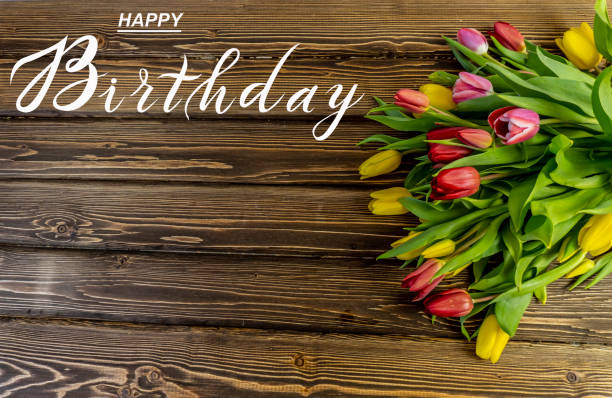 postcard , internet banner , flat lay with a birthday greeting, with the inscription - happy birthday - 5943 imagens e fotografias de stock