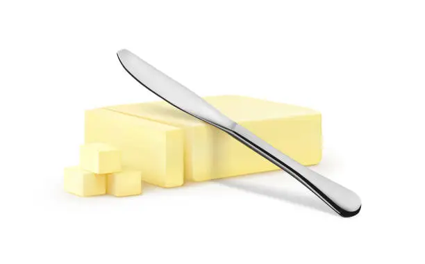 Vector illustration of sliced piece of butter with butter cubes and a knife on a white background. vector illustration