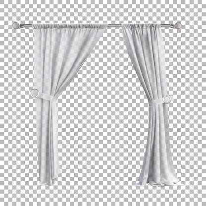 White curtains, transparent tulle for a door or window opening. Vector realistic isolated illustration.