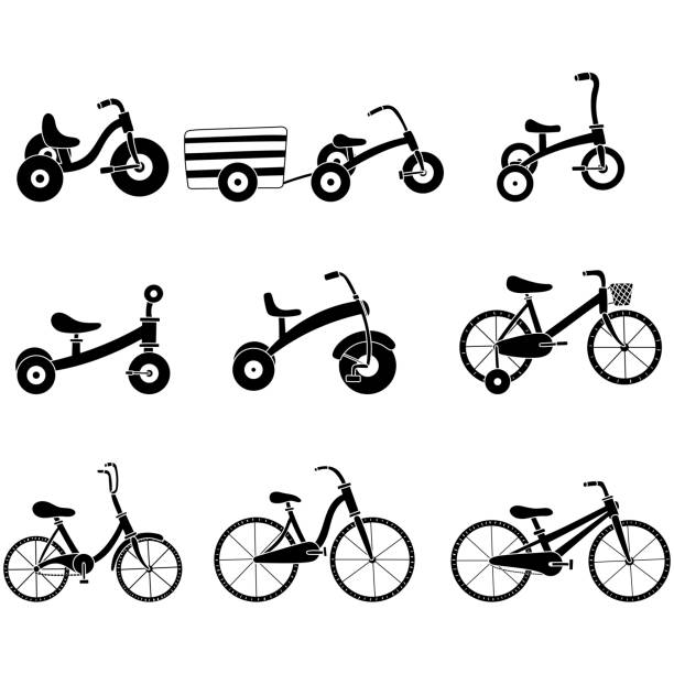 Silhouette collection with kid bike for healthy lifestyle design. Black and white illustration. Isolated graphic element vector. Silhouette collection with kid bike for healthy lifestyle design. Black and white illustration. Isolated graphic element vector. tricycle stock illustrations
