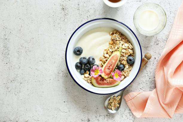 istock Muesli cereal mix with yogurt, fig and blueberries. 1307925672