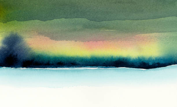 Watercolor landscape sunrise over forest