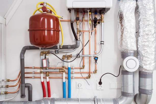 Heating installation and central boiler heating system on wall in house close-up stock photo