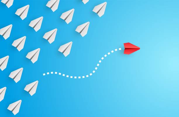 istock Individuality concept. Individual and unique leader red paper plane flies to the side. Vector illustration 1307929210