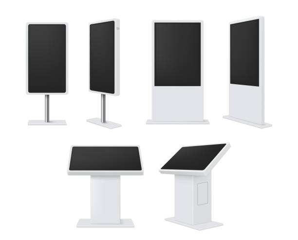 Collection digital signage vector isometric style blank billboards advertising media construction Collection various digital signage vector illustration isometric style. Set of different blank billboards advertising media construction isolated on white. Bundle of electronic banners and citylight digital display stock illustrations