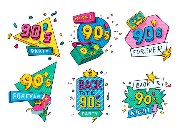 ilustraciones, imágenes clip art, dibujos animados e iconos de stock de colección colorida de la década de 90 logotipo vector ilustración plana en estilo pop arte noventa años emblema - image created 1990s