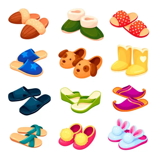 Vector illustration of Set colorful cartoon funny house slippers vector home footwear with cute animal muzzle foot garment