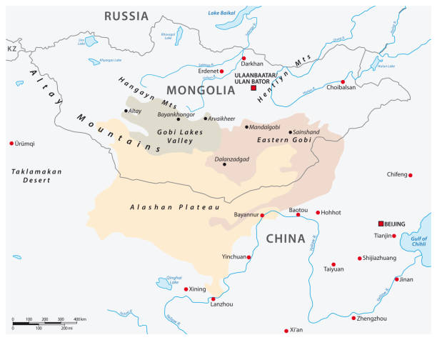 karte der zentralasiatischen wüste gobi, mongolei, china - baikalsee stock-grafiken, -clipart, -cartoons und -symbole