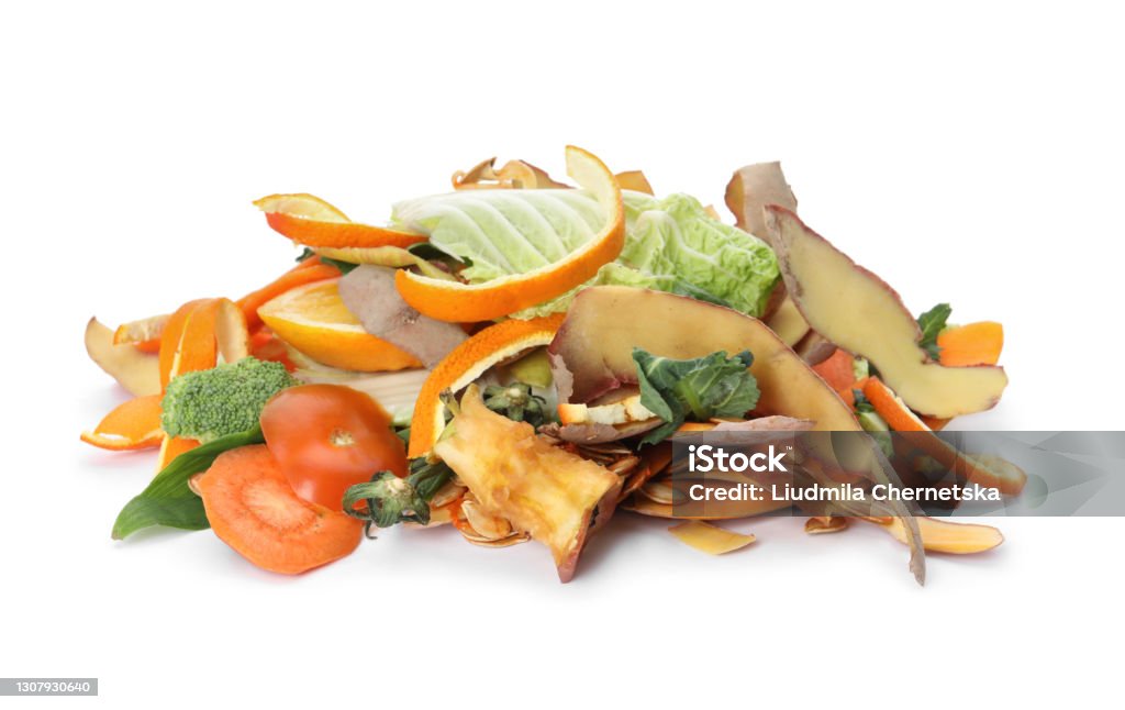 Pile of organic waste for composting on white background Leftovers Stock Photo