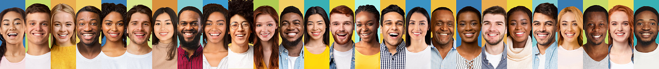 Row Of Many Diverse People Faces In Portraits Collage Over Different Colorful Backgrounds. Smiling Multiracial Millennials Headshots Line, Composite Image, Panorama. Social Diversity Concept