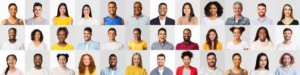 Set of real people happy faces and different diverse human portraits expressing positive emotions over white and gray studio backgrounds. Mosaic of mixed crowd of men and women. Panorama, collage