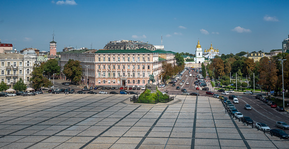 Aerial view of Bohdan Khmelnytsky Monument at Sofievskaya Square and St. Michael's Golden-Domed Monastery - Kiev, Ukraine