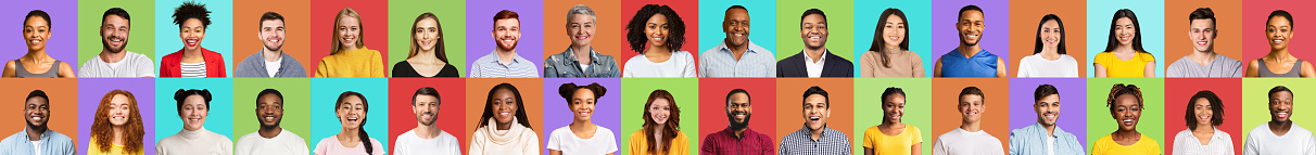 Collection Of Happy Millennial People Faces, Diverse Portraits Collage Of Young Men And Women Of Different Ethnicity And Age Smiling Posing On Colorful Studio Backgrounds. Panorama