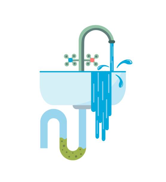 ilustrações de stock, clip art, desenhos animados e ícones de blockage of pipe. water flows from the sink. sink in the bathroom or kitchen. broken sewer system. vector illustration in a flat style. illustration on an isolated background in cartoon style. - water pipe sewer pipeline leaking