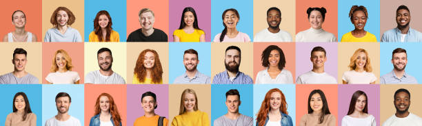 istock Set Of People Portraits With Smiling Faces Over Colored Backgrounds 1307931541