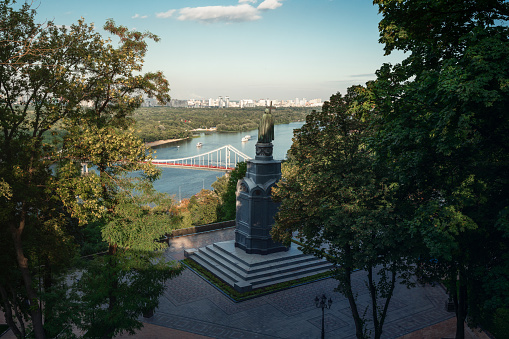 Volodymyr The Great Monument and Dnieper River aerial view - Kiev, Ukraine