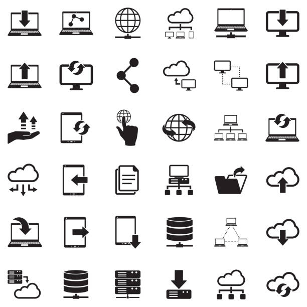 Data Transfer Icons. Black Flat Design. Vector Illustration. Data, Upload, Share, Download transfer print stock illustrations