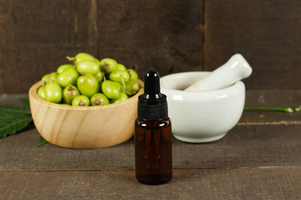 olio di neem in bottiglia con frutta neem in ciotola di legno e mortaio e pestello - alternative medicine mortar and pestle herbal medicine herb foto e immagini stock