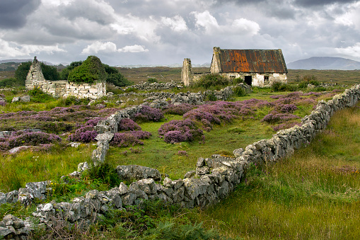Abandoned house in the southern part of Connemara National park in Ireland. Stone wall in foreground. Next to the house is an abandoned shed