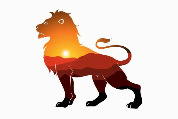 Vector illustration of Lion and nature double exposure - animal silhouette with mountain landscape and sun. Modern trendy illustration for logo. Vector.