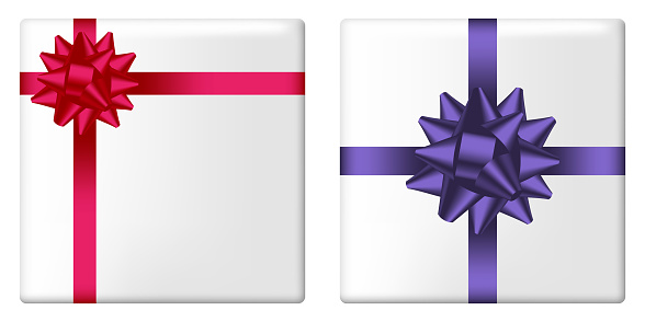 Gift box set with bow and ribbon. Giftbox top view with realistic holiday decorations on package. Vector illustration.