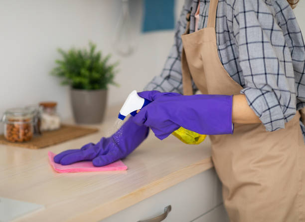 istock Unrecognizable housemaid with detergent cleaning kitchen table, closeup of hands 1307938392
