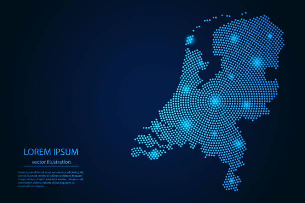 abstraktes bild niederlande karte von punkt blau und leuchtende sterne auf dunklem hintergrund - netherlands stock-grafiken, -clipart, -cartoons und -symbole