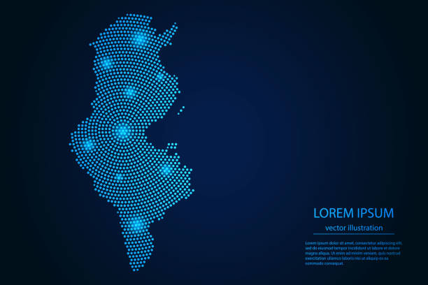 абстрактное изображение туниса карта из точки синий и светящиеся звезды на темном фоне - tunisia stock illustrations