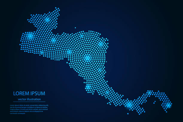 абстрактное изображение карты центральной америки с точечных синих и светящихся звезд на темном фоне - центральная америка stock illustrations