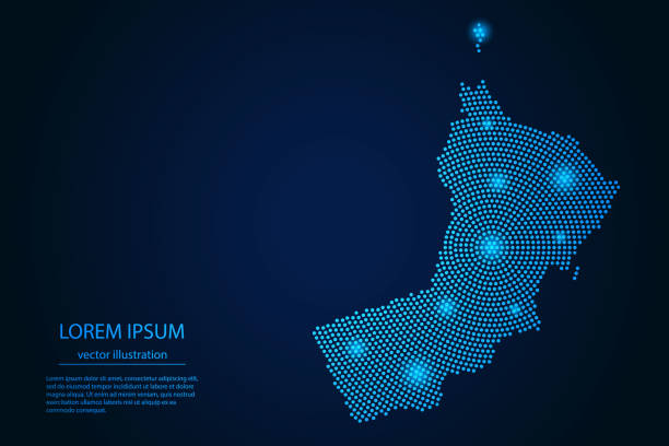 abstrakcyjny obraz mapa omanu z punktu niebieskiego i świecące gwiazdy na ciemnym tle - oman stock illustrations