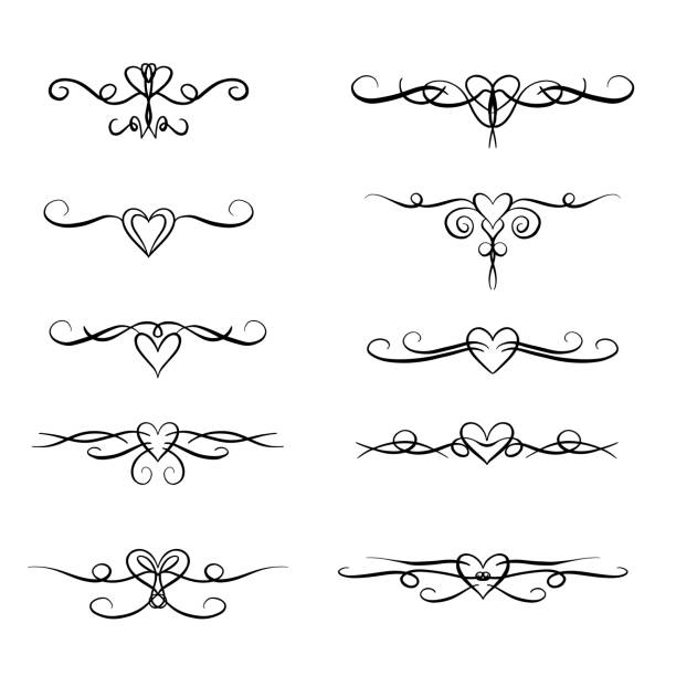 ilustrações, clipart, desenhos animados e ícones de coração floresce, fronteiras e linhas decorativas para ilustração vetorial do dia dos namorados ou casamentos - underline scroll shape decoration single line