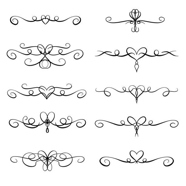 ilustrações, clipart, desenhos animados e ícones de coração floresce, fronteiras e linhas decorativas para ilustração vetorial do dia dos namorados ou casamentos - underline scroll shape decoration single line