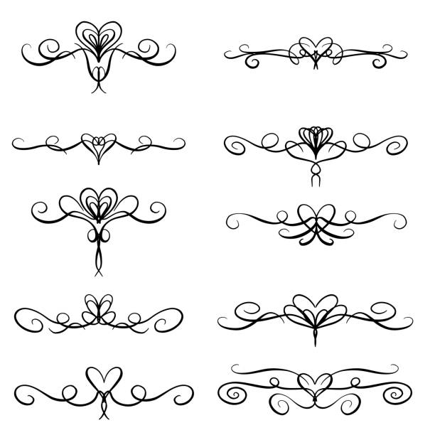 ilustrações, clipart, desenhos animados e ícones de coração floresce, fronteiras e linhas decorativas para ilustração vetorial do dia dos namorados ou casamentos - underline scroll shape decoration single line