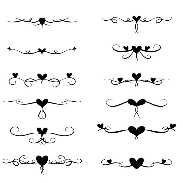 ilustrações, clipart, desenhos animados e ícones de coração floresce, fronteiras e linhas decorativas para ilustração vetorial do dia dos namorados ou casamentos - underline scroll shape decoration single line