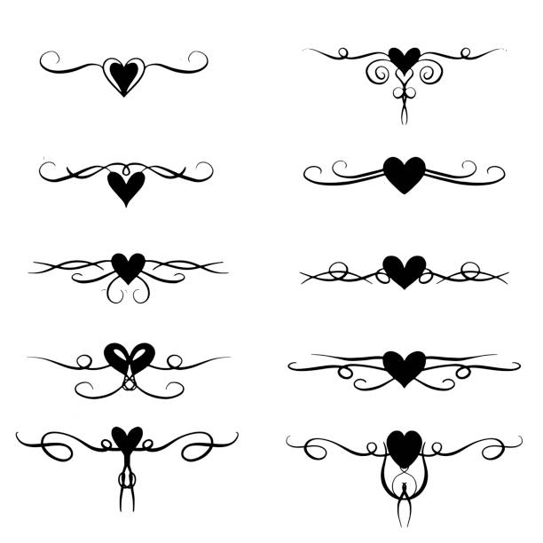 ilustrações de stock, clip art, desenhos animados e ícones de heart flourishes, borders and decorative lines for valentines day or weddings vector illustration - underline scroll shape decoration single line