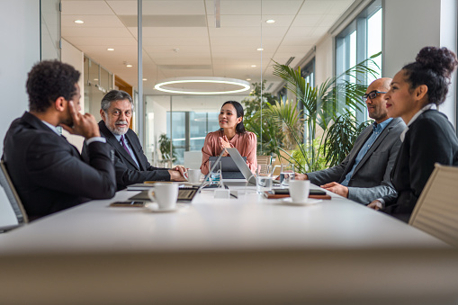 Shot of a group of diverse colleagues having a meeting in a modern office space. A senior Caucasian businesswoman addressing colleagues at a board meeting.