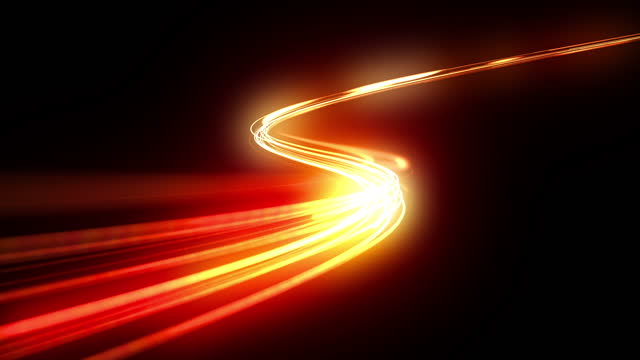 Beautiful Abstract Traffic Lights Moving Extremely Fast. Orange Color Light Lines in the Dark Running and Flickering With High Speed in Time Lapse. Loop-able 3d Animation.
