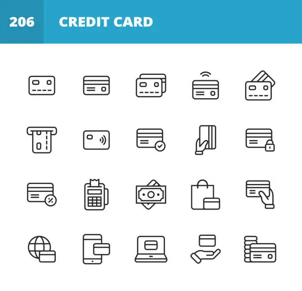 Vector illustration of Credit Card Line Icons. Editable Stroke. Pixel Perfect. For Mobile and Web. Contains such icons as Payments, Contactless, Mobile, Money, Finance, Credit, Savings, Investment, Terminal, Mobile App, Banking, Currency, Purchase, Wireless, E-Commerce.