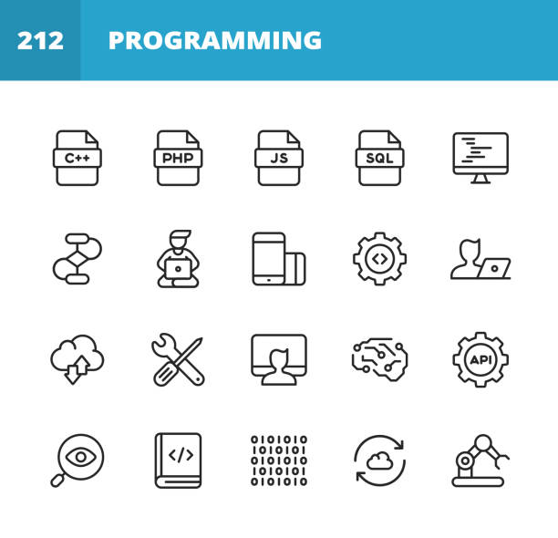 Computer Programming Line Icons. Editable Stroke. Pixel Perfect. For Mobile and Web. Contains such icons as Programming, Computer Language, Software Development, Coding, Virus, Error, Machine Learning, Artificial Intelligence, Agile, Hacker, Java, Sql. 20 Computer Programming Outline Icons. Programming, Computer Language, Software Development, Coding, Debugging, Brainstorming, Idea, Laptop, Desktop, Workplace, Office, Web Browser, Internet, Computer Virus, Error, Computer Bug, Website, Web Development, Webpage, Website not Found, Code, Web Layout, User Interface Programming, Configuration, Machine Learning, Artificial Intelligence, Keyboard, Processor, Development Tools, Database, Agile Development, Hacker, Developer, Coder, Project Management, Chair, Coffee, Cloud Computing, Startup, Diagram, Computer Vision, Java, Sql. web page computer icon symbol engineer stock illustrations