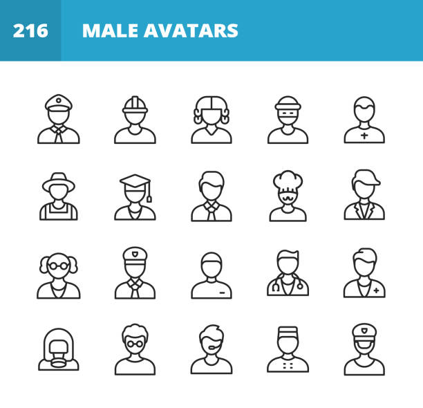 ilustrações de stock, clip art, desenhos animados e ícones de male avatar line icons. editable stroke. pixel perfect. for mobile and web. contains such icons as avatar, man, occupation, policeman, construction worker, judge, lawyer, thief, farmer, student, chef, professor, soldier, doctor, accountant. - various occupations illustrations