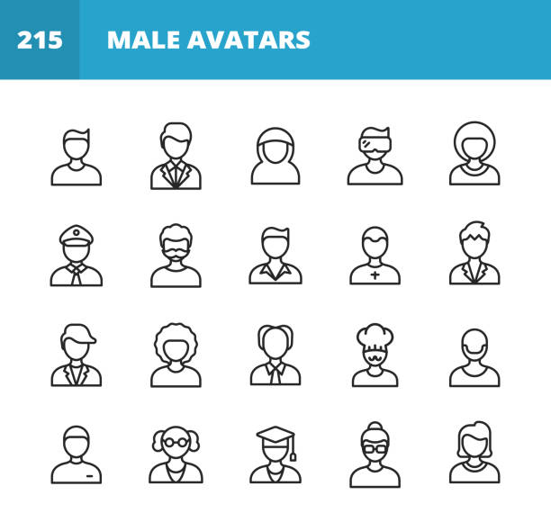 ilustrações de stock, clip art, desenhos animados e ícones de male avatar line icons. editable stroke. pixel perfect. for mobile and web. contains such icons as avatar, man, profile, user, social media, human head, human face, office, people, old person, businessman, business person, mobile app profile. - manager portrait leadership men