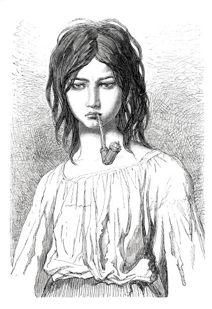 Hungarian gypsy young woman smoking pipe 1870 Hungarian tzigane young woman ( tzigane is a Hungarian Gypsy ( Romani person ).
Original edition from my own archives
Source : Tour du monde 1870
Drawing: A. Bertrand - Valerio 1870 stock illustrations