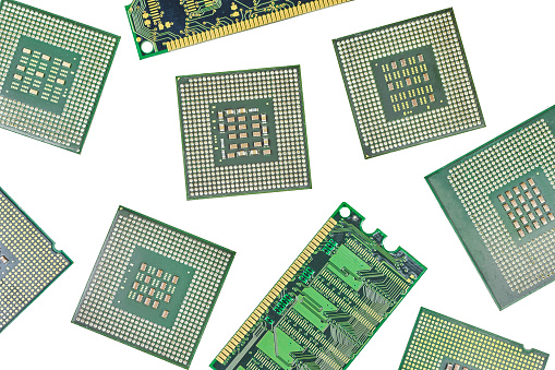Bunch of CPU, central processor units and RAM, random-access memory, isolated background