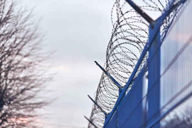 istock Barbed wire on blue fence of restricted area 1307947909