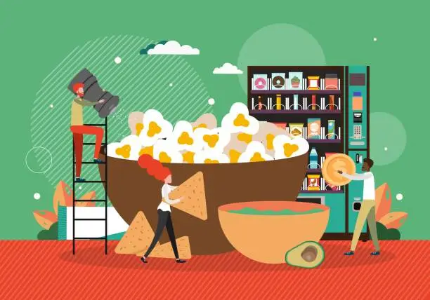 Vector illustration of Chefs preparing popcorn, crackers. Man buying snacks from vending machine, vector illustration. Snack foods industry.