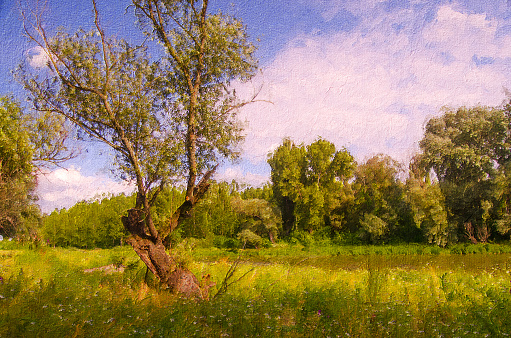 Oil landscape painting showing forest and river on a sunny summer day.