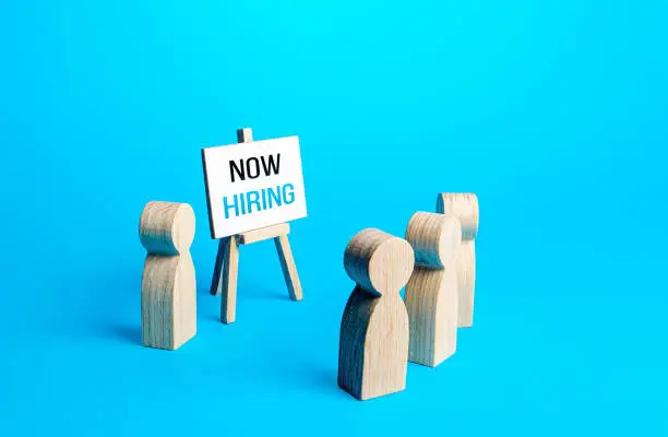 People and easel with a call Now hiring. Recruitment new employee workers. Search for specialists and professionals. Headhunter hr. Selection of candidates for open vacancies. Staff job interview.